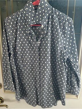 Talbots Blue & White Geometric Button-Down Shirt Sz L see measurements